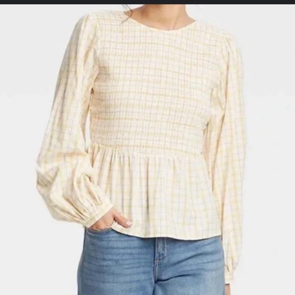 Universal Thread plaid smocked long sleeve cotton rayon ivory top blouse Sz S